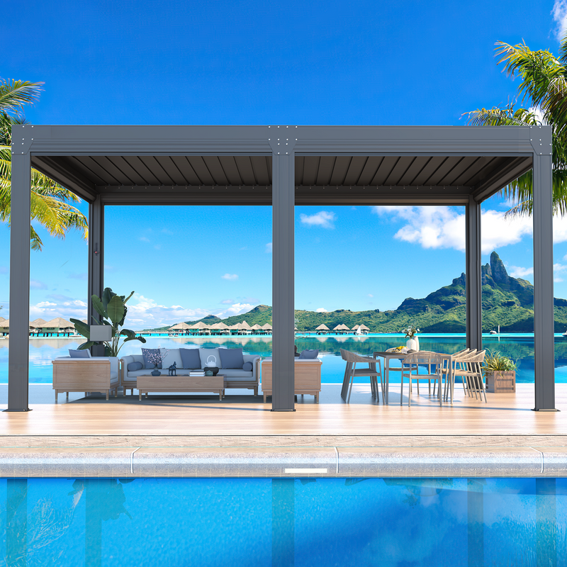 Erommy 12x16 Louvered Pergola with Pull-Down Screen exterior