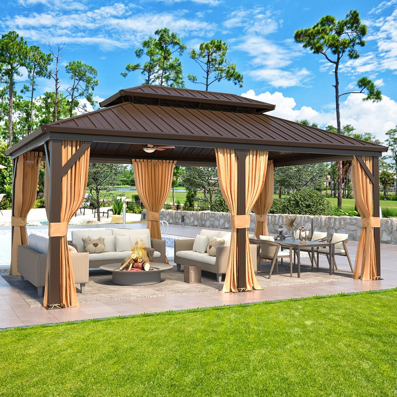 Erommy 12x18 Hardtop Grill Gazebo - galvanized steel double roof aluminum frame brown
