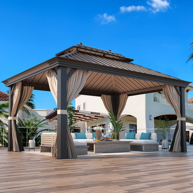 Erommy 12x16 Hardtop Gazebo - galvanized steel double roof aluminum frame curtains netting