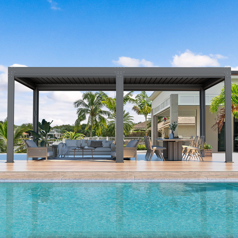 Erommy 10x20 Louvered Pergola with Pull-Down Screen exterior