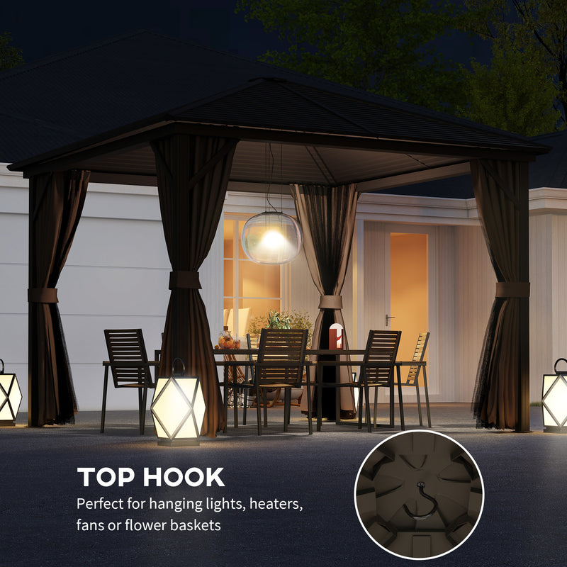 Outsunny 10' x 10' Aluminum Round Hardtop Gazebo with Curtains and Ceiling Hook