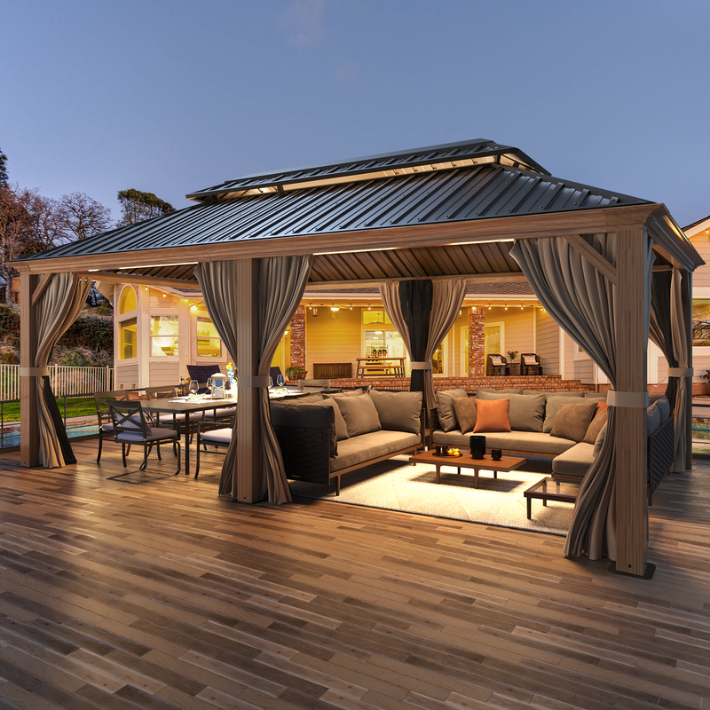 Erommy 12x20 Hardtop Gazebo wood grain aluminum frame galvanized steel double roof brown