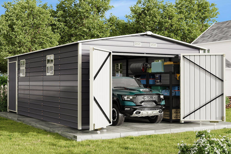 Erommy 14x24 Heavy Duty Enclosed Metal Carport with Storage - Galvanized Steel