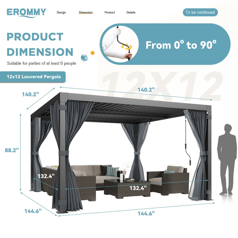 Erommy 12x12 Louvered Pergola Dark Grey side view