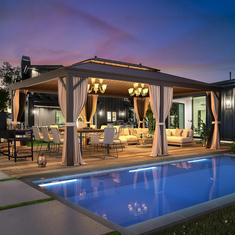 Erommy 14x20 Hardtop Gazebo - wood grain aluminum frame galvanized steel double roof brown curtains
