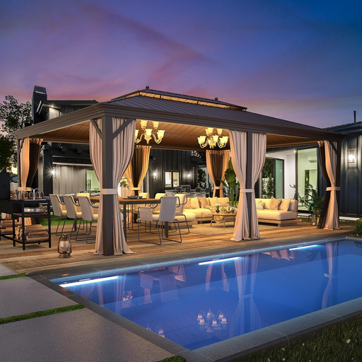 Erommy 14x20 Hardtop Gazebo - wood grain aluminum frame galvanized steel double roof brown curtains