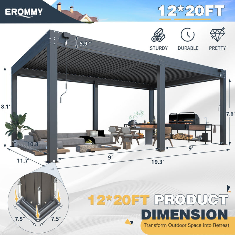 Erommy 12x20 Screen Pergola 3D render