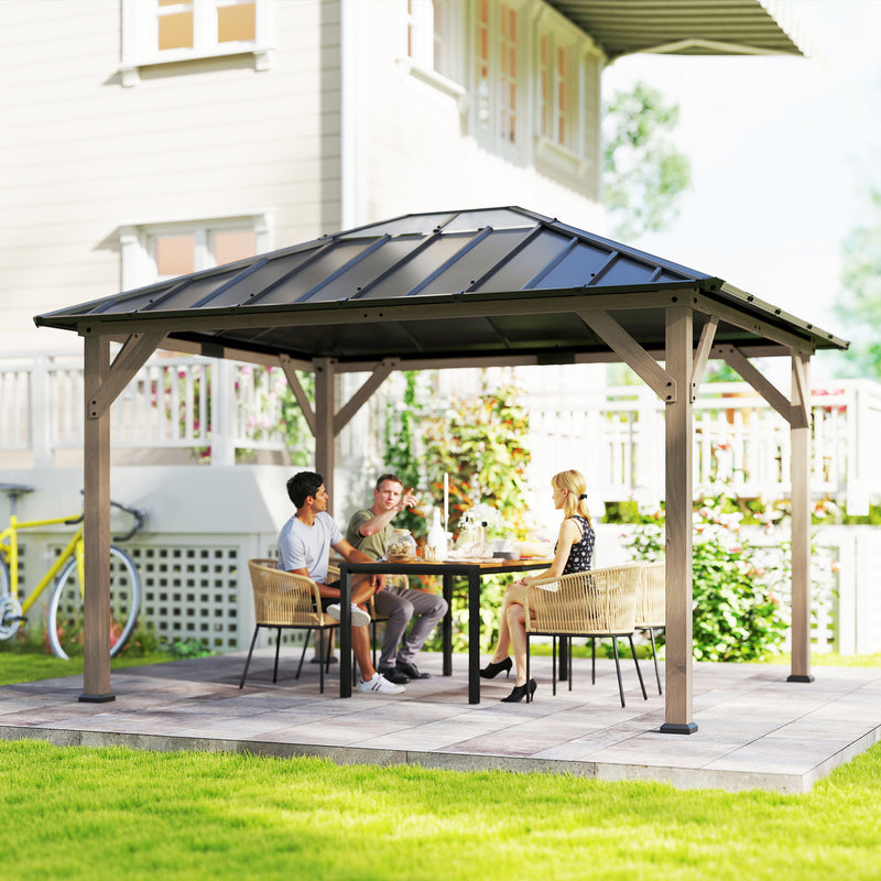 Outsunny 10' x 12' Wood-Look Hardtop Gazebo with Galvanized Steel Roof and Clear Panels