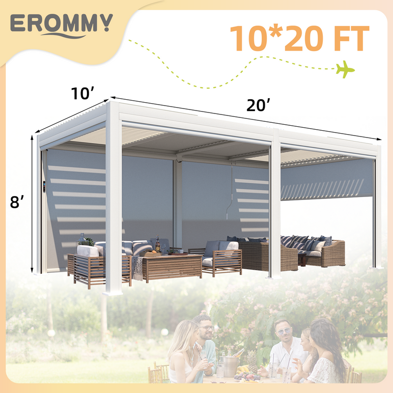 Erommy 10x20 Electric Pergola screens deployed