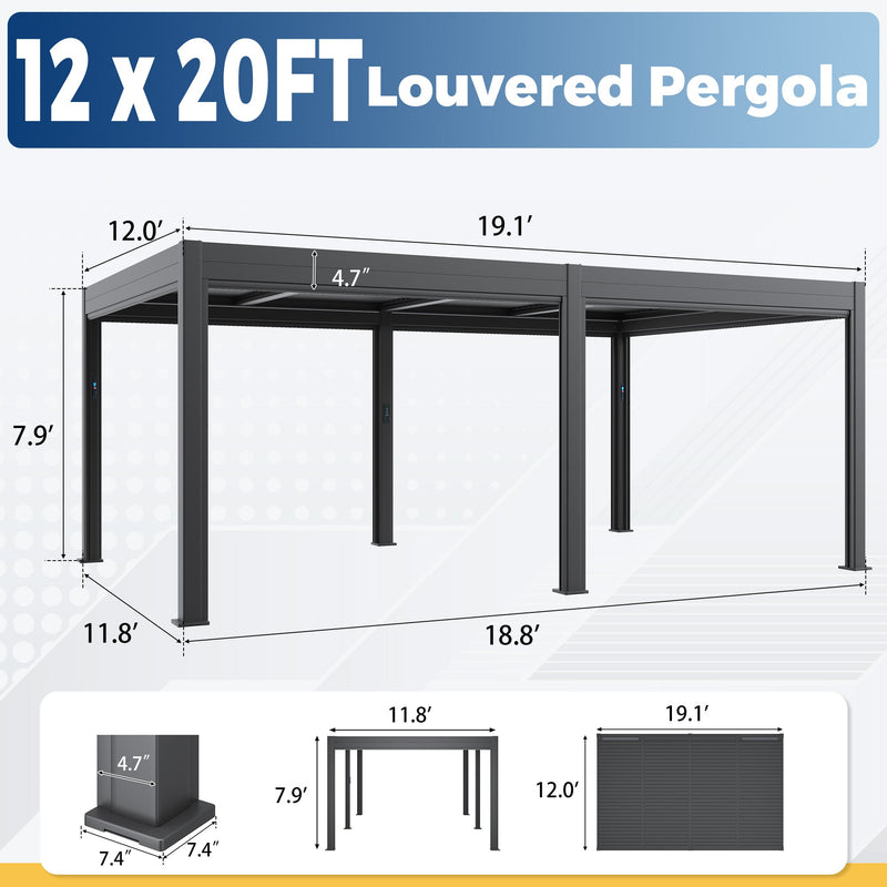 Erommy 12x20 Electric Pergola Black side view