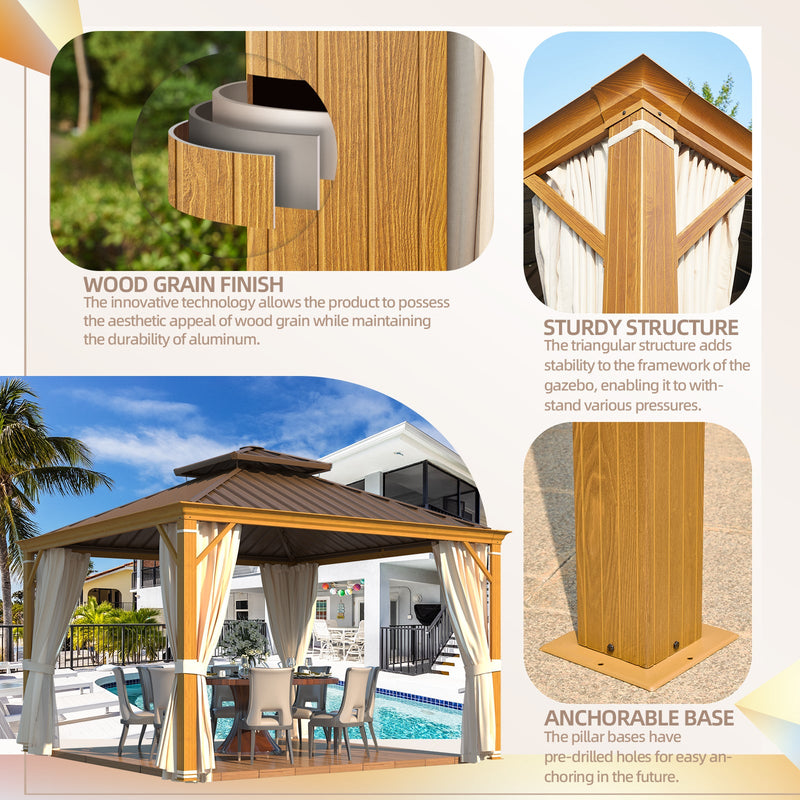 Erommy 12x12 Wood Grain Gazebo curtains closed