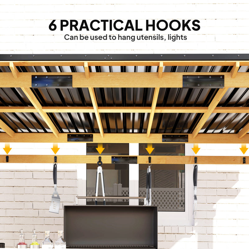 Outsunny 13' x 6' Wood Hardtop BBQ Grill Gazebo with Metal Roof and Bar Shelves