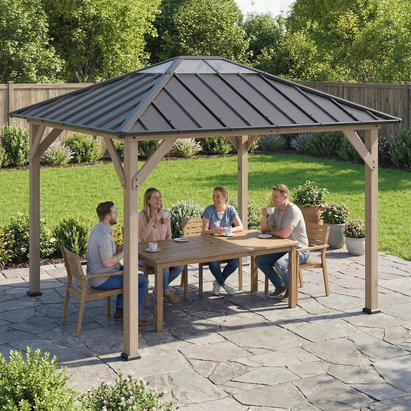 Outsunny 10' x 12' Wood-Look Hardtop Gazebo with Galvanized Steel Roof and Clear Panels