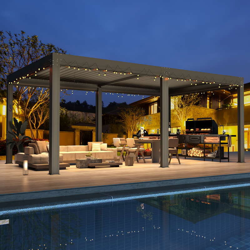 Erommy 12x20 Louvered Pergola with Pull-Down Screen exterior