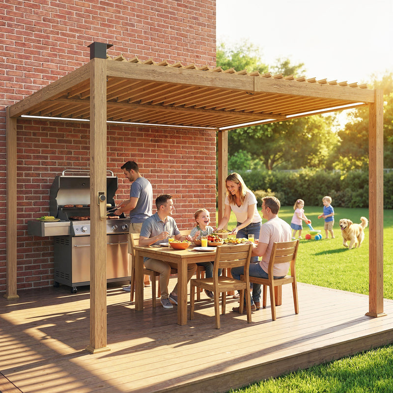 Outsunny 10' x 10' Steel Louvered Pergola with Solar LED Lighting and Drainage Gutters
