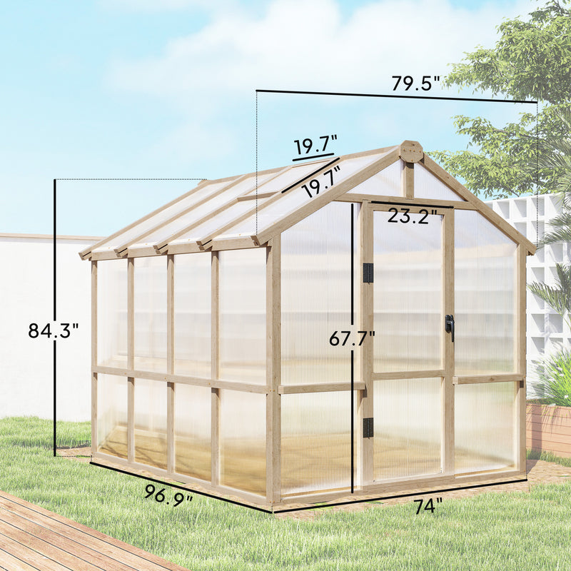 Outsunny 6.6' x 8' Fir Wood Greenhouse with Polycarbonate Panels and Roof Vent