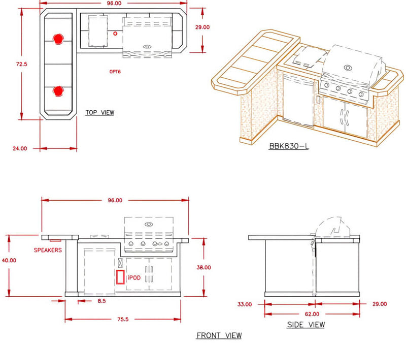 Cal Flame Malibu Q 830 BBQ island dimensions
