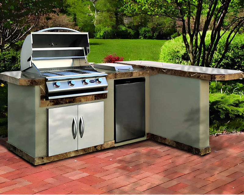 Cal Flame Malibu Q 830 L-shaped BBQ island on a patio