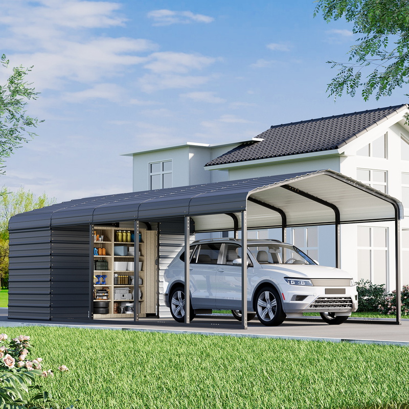 Erommy 12x25 2-in-1 Metal Carport with Tool Shed and Galvanized Steel Roof
