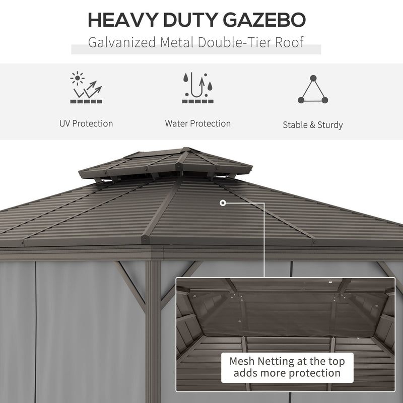 Outsunny 10' x 12' Metal Hardtop Gazebo with Double Roof, Curtains and Netting
