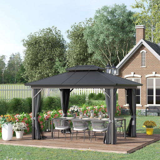 Outsunny 10' x 12' Metal Hardtop Gazebo with Double Roof, Curtains and Netting