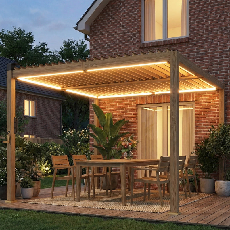 Outsunny 10' x 10' Steel Louvered Pergola with Solar LED Lighting and Drainage Gutters