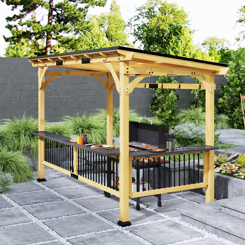 Outsunny 13' x 6' Wood Hardtop BBQ Grill Gazebo with Metal Roof and Bar Shelves
