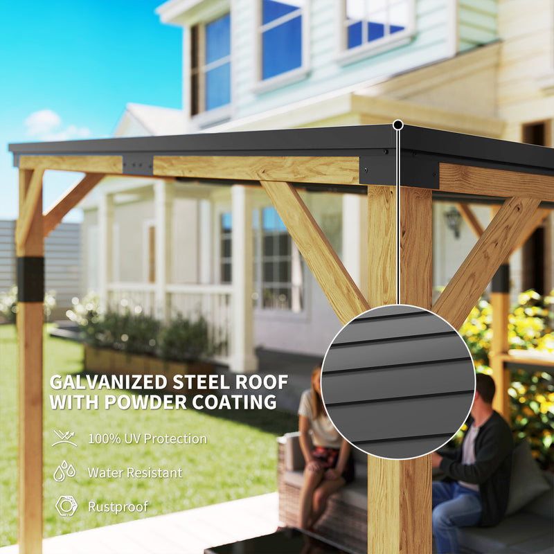 Outsunny 10' x 14' Fir Wood Lean-To Gazebo with Galvanized Steel Roof and Bar Shelf