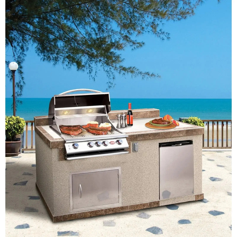 Cal Flame Costa Q PV6004 BBQ island with grill, shown with optional refrigerator