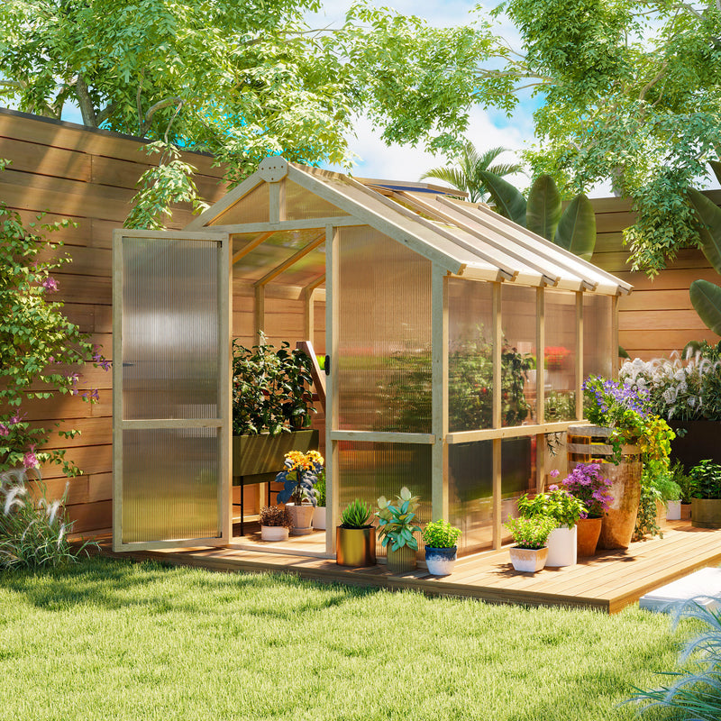 Outsunny 6.6' x 8' Fir Wood Greenhouse with Polycarbonate Panels and Roof Vent