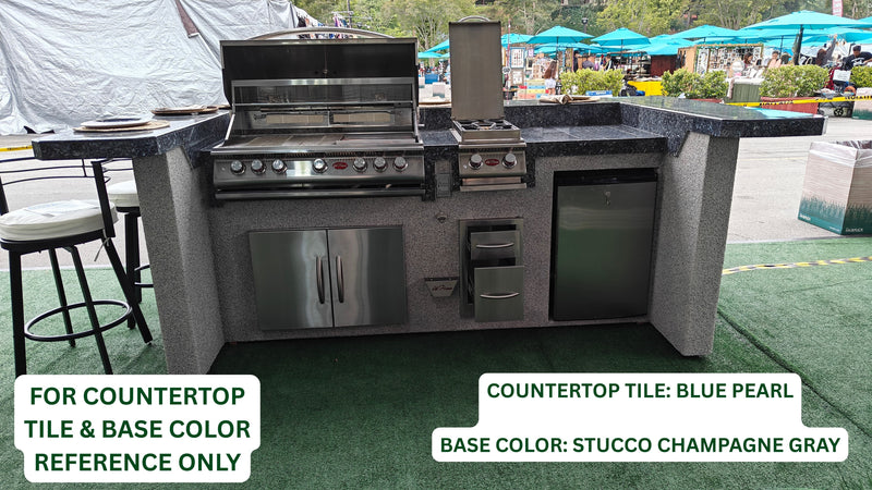 Cal Flame Bel Air Q 810 8 ft BBQ island with Blue Pearl tile top and champagne grey stucco base