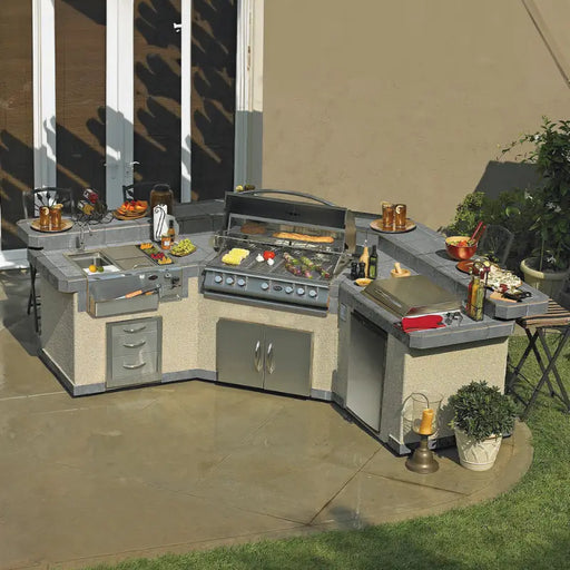 Cal Flame Laguna Q GPV3100 3-piece U-shaped BBQ island, shown with optional upgrades