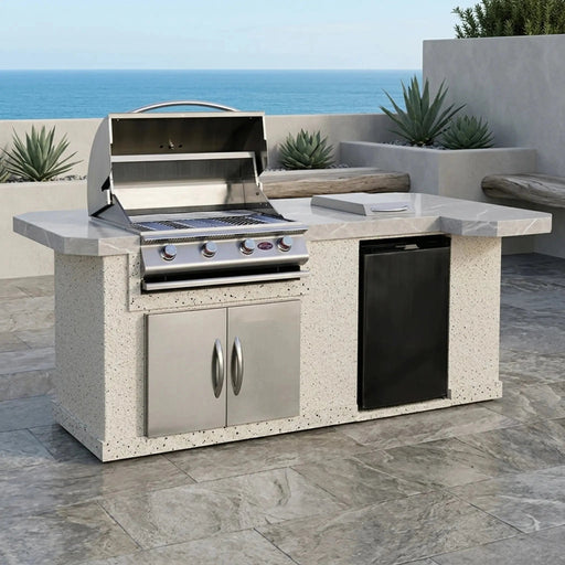 Cal Flame Avalon Q 820 L-shaped BBQ island with grill, shown with optional refrigerator
