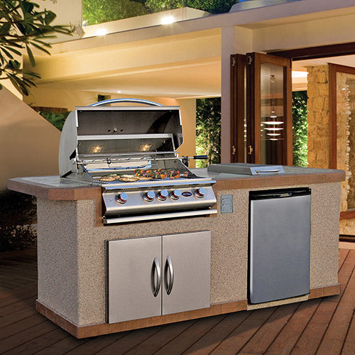 Cal Flame Bel Air Q 810 8 ft BBQ island with porcelain tile top and stucco base