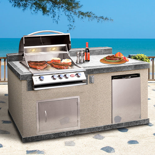 Cal Flame Costa Q PV6004 BBQ island with porcelain tile top and stucco base