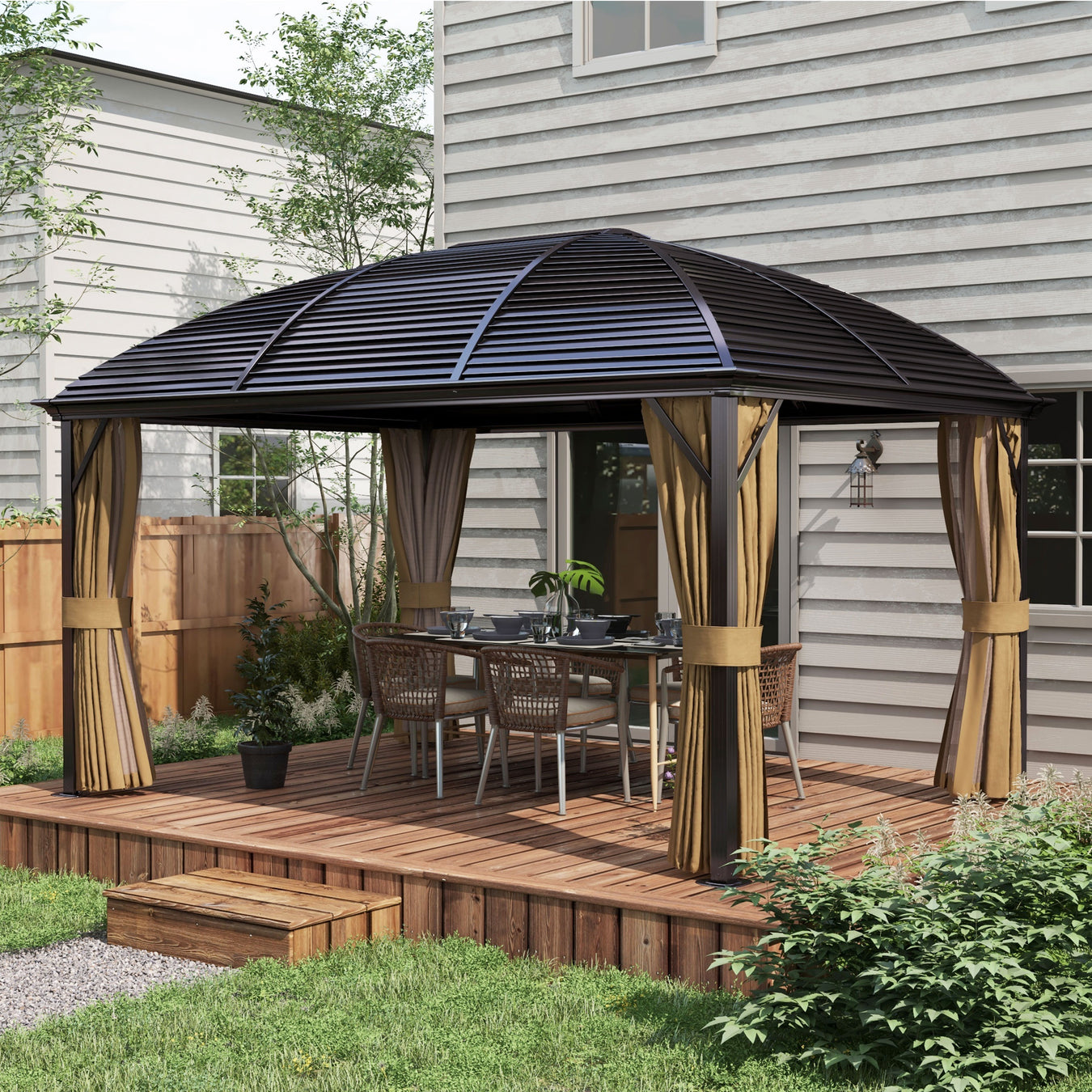 Outsunny 10' x 14' Aluminum Hardtop Gazebo with Steel Roof, Curtains and Netting
