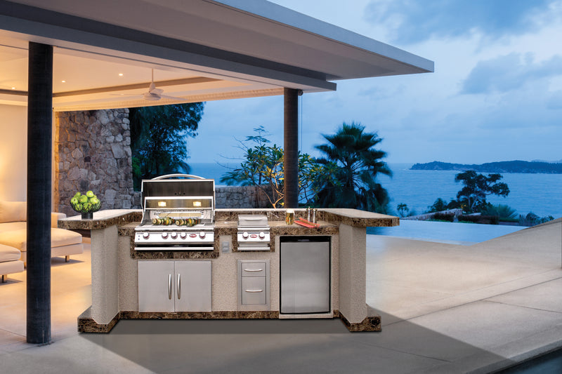 Cal Flame La Jolla Q PV7000 U-shaped BBQ island under a covered patio with ocean view