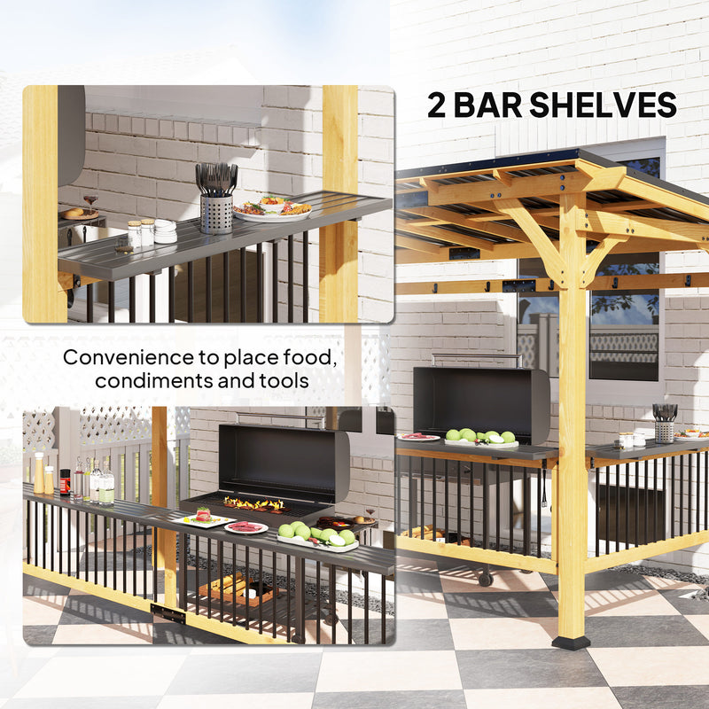 Outsunny 13' x 6' Wood Hardtop BBQ Grill Gazebo with Metal Roof and Bar Shelves