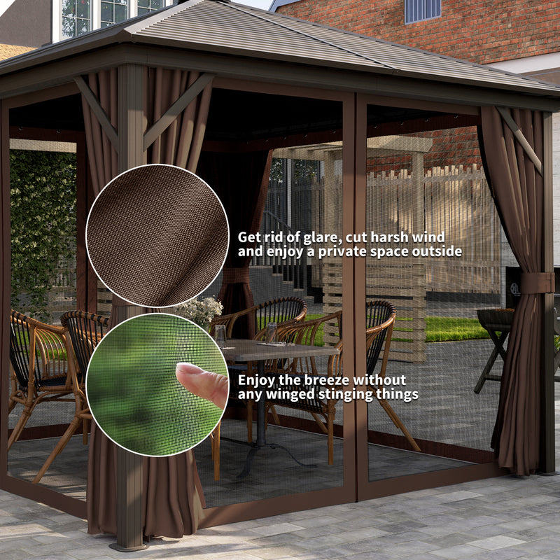 Outsunny 10' x 10' Aluminum Round Hardtop Gazebo with Curtains and Ceiling Hook