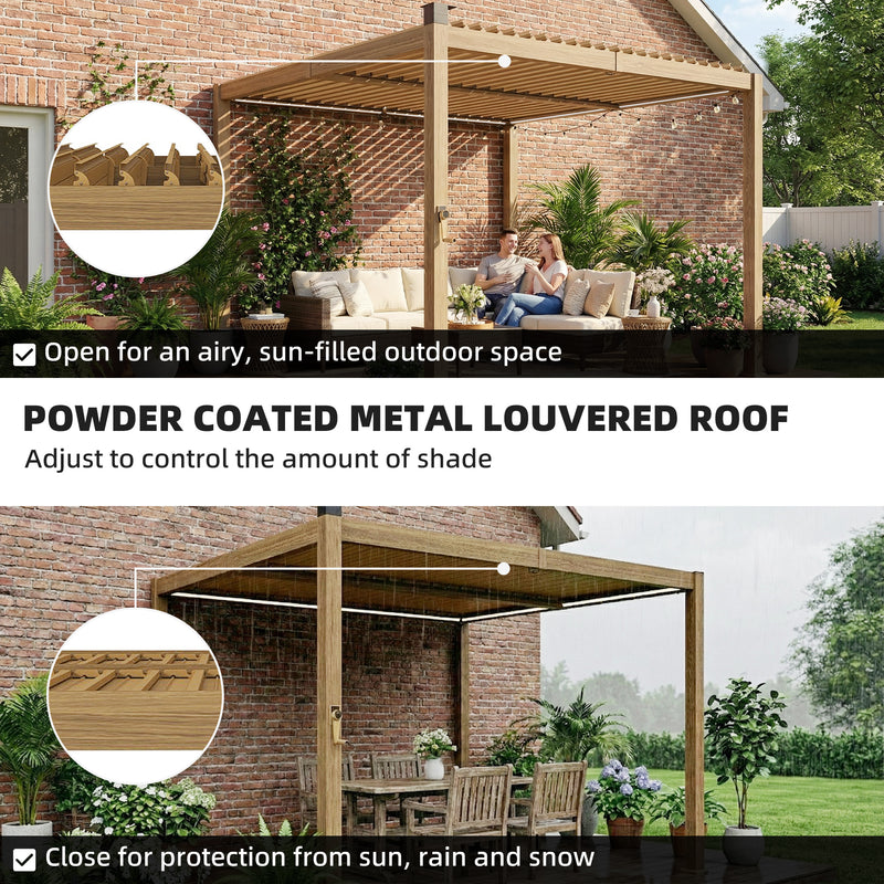 Outsunny 10' x 10' Steel Louvered Pergola with Solar LED Lighting and Drainage Gutters
