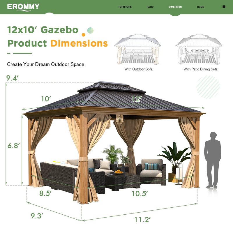 Erommy 10x12 Wood Grain Gazebo – side angle