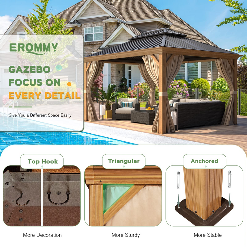 Erommy 10x12 Wood Grain Gazebo – frame detail