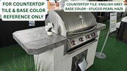 Cal Flame Avalon Q 820 BBQ island with English Grey tile top and Pearl Haze stucco base