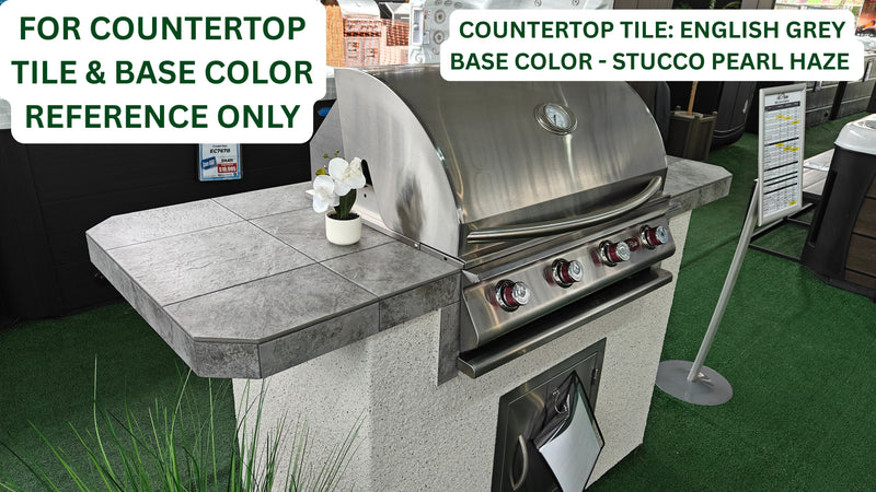 Cal Flame Avalon Q 820 BBQ island with English Grey tile top and Pearl Haze stucco base