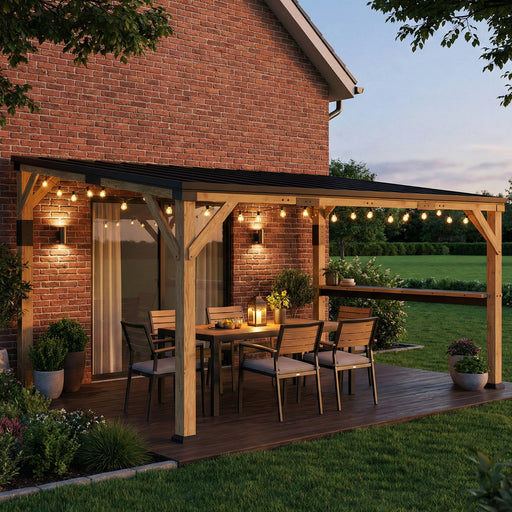 Outsunny 10' x 14' Fir Wood Lean-To Gazebo with Galvanized Steel Roof and Bar Shelf
