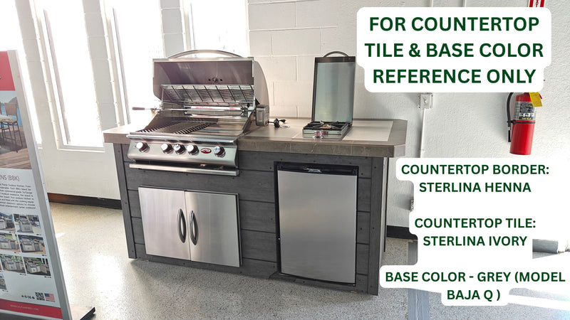 Cal Flame Pacifica Q 701 BBQ island with Sterlina Ivory tile top and grey stucco base