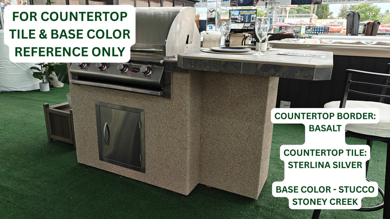 Cal Flame Kona Q 601 BBQ island with Sterlina Silver tile top and Stoney Creek stucco base