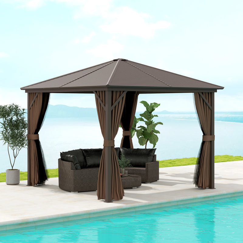 Outsunny 10' x 10' Aluminum Round Hardtop Gazebo with Curtains and Ceiling Hook