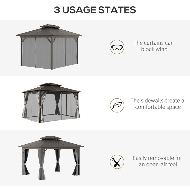 Outsunny 10' x 12' Metal Hardtop Gazebo with Double Roof, Curtains and Netting